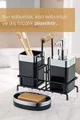 GRİMOR Life Metal Standlı Krom Detaylı Banyo Seti Siyah- Sıvı Sabunluk Katı Sabunluk Diş Fırçalık - 2