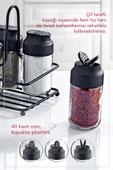 GRİMOR Life Perla Metal Standlı Peçetelikli 4'lü Çift Kapaklı Cam Baharatlık Seti - Tuzluk Biberlik Peçetelik - 3