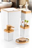 GRİMOR Life 5'li Beyaz Ahşap Desenli Çizgili Lüx Banyo Seti 3 Adet Duş Lifi Hediye - 1