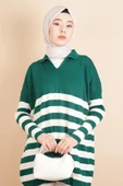 V Yakalı Üst Gömlek Yaka Çizgili Basic Tunik Kazak Zümrüt - 1