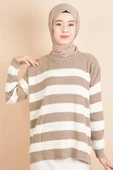 Bayan Tesettür Çizgili Prinç Örgü Kazak Açık Kahverengi - 1