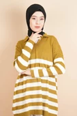 V Yakalı Üst Gömlek Yaka Çizgili Basic Tunik Kazak Yağ Yeşili - 1