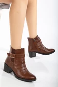 Kadın Topuklu Bot Günlük Taba Yüzü Büzgülü Kalın Topuklu thumbnail 2