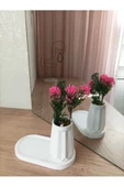 MİNİ DÜZ DESENLİ BETON SAKSI TEKLİ VE OVAL TABAK - YAPAY ÇİÇEK HEDİYELİ - 2