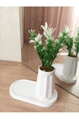 MİNİ DÜZ DESENLİ BETON SAKSI TEKLİ VE OVAL TABAK - YAPAY ÇİÇEK HEDİYELİ - 10