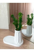 MİNİ DÜZ DESENLİ BETON SAKSI TEKLİ VE OVAL TABAK - YAPAY ÇİÇEK HEDİYELİ - 9