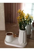 MİNİ DÜZ DESENLİ BETON SAKSI TEKLİ VE OVAL TABAK - YAPAY ÇİÇEK HEDİYELİ - 6