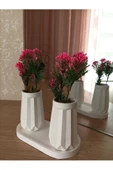 MİNİ DÜZ DESENLİ BETON SAKSI İKİLİ VE OVAL TABAK-YAPAY ÇİÇEK HEDİYELİ - 2