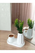 MİNİ DÜZ DESENLİ BETON SAKSI TEKLİ VE OVAL TABAK - YAPAY ÇİÇEK HEDİYELİ - 5