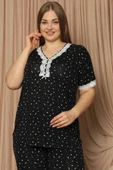 Pijamoni Kadın Viskon Büyük Beden Kısa Kol V Yaka İnce Pijama Takımı 7530/2 - 1 Adet  4XL Siyah thumbnail 3
