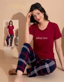 Boyraz Kadın Milan Bisiklet Yaka İnce Kısa Kol Pijama Takımı 11007 - 1 Adet  XL Bordo thumbnail 1