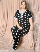 Pijamoni Kadın Viskon Büyük Beden Kısa Kol V Yaka İnce Pijama Takımı 7530/5 - 1 Adet  4XL Siyah thumbnail 1