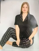 Pijamoni Kadın Viskon Büyük Beden Kısa Kol Boydan Düğmeli İnce Pijama Takımı 7550/1 - 1 Adet  Siyah 3XL - 1