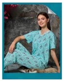 Sude Kadın Bambu Yakası Nakışlı V Yaka Kısa Kol İnce Pijama Takımı P300/312 - 1 Adet  Yeşil 2XL thumbnail 1