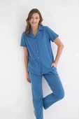 Senfoni Kadın Gömlek Yaka Kısa Kol Pamuklu Pijama Takımı 6011 -1 Adet  XL Mavi - 2