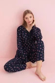 Pijamerry Kadın Dantel Yaka Bambu Uzun Kol Pijama Takımı 5209 - 1 Adet  2XL Koyu Lacivert - 1
