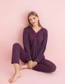 Pijamerry Kadın Dantel Yaka Bambu Uzun Kol Pijama Takımı 5207 - 1 Adet  M Mor - 1