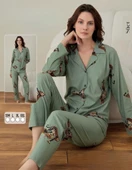 Boyraz Kadın Süet Boydan Düğmeli Pijama Takımı 02001- 1 Adet  XL Yeşil - 2