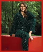 Pijamoni Kadın Süet Önden Düğmeli Likralı Pijama Takımı 17 - 1 Adet  Yeşil 2XL - 2