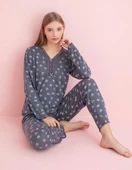 Pijamerry Kadın Dantel Yaka Bambu Uzun Kol Pijama Takımı 5204 - 1 Adet  L Füme - 1