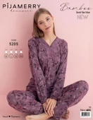 Pijamerry Kadın Dantel Yaka Bambu Uzun Kol Pijama Takımı 5205 - 1 Adet  M Mürdüm - 2