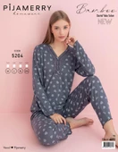 Pijamerry Kadın Dantel Yaka Bambu Uzun Kol Pijama Takımı 5204 - 1 Adet  2XL Füme thumbnail 2