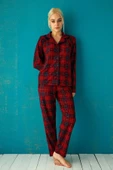 Pijamoni Kadın Süet Önden Düğmeli Pijama Takımı 56603 - 1 Adet  XL Kırmızı - 1
