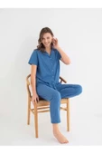 Senfoni Kadın Gömlek Yaka Kısa Kol Pamuklu Pijama Takımı 6011 -1 Adet  XL Mavi - 5