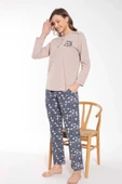 Senfoni Kadın Düğme Yaka Uzun Kol Pamuklu Pijama Takımı 6021 -1 Adet  L Bej - 3
