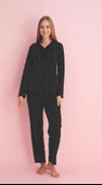 Pijamerry Kadın Dantel Yaka Bambu Uzun Kol Pijama Takımı 5211 - 1 Adet  Siyah M thumbnail 1