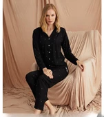 Pijamoni Kadın Süet Önden Düğmeli Pijama Takımı 56607 - 1 Adet  XL Siyah - 1