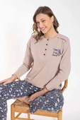 Senfoni Kadın Düğme Yaka Uzun Kol Pamuklu Pijama Takımı 6021 -1 Adet  L Bej - 2