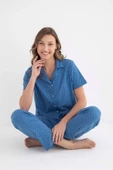 Senfoni Kadın Gömlek Yaka Kısa Kol Pamuklu Pijama Takımı 6011 -1 Adet  XL Mavi - 4
