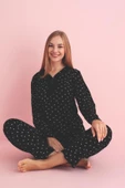 Pijamerry Kadın Dantel Yaka Bambu Uzun Kol Pijama Takımı 5211 - 1 Adet  Siyah M thumbnail 2