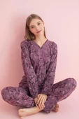 Pijamerry Kadın Dantel Yaka Bambu Uzun Kol Pijama Takımı 5205 - 1 Adet  L Mürdüm - 1