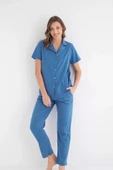 Senfoni Kadın Gömlek Yaka Kısa Kol Pamuklu Pijama Takımı 6011 -1 Adet  S - M Mavi - 3
