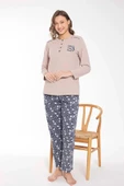 Senfoni Kadın Düğme Yaka Uzun Kol Pamuklu Pijama Takımı 6021 -1 Adet  L Bej - 4
