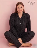 Pijamerry Kadın Büyük Beden Gömlek Yaka Süet Uzun Kol Pijama Takımı 5260- 1 Adet  Siyah 3XL - 1