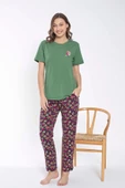 SENFONİ Kadın Bisiklet Yaka Çiçek Desenli Pijama Takımı 6032 -1 Adet  Yeşil S - M - 3