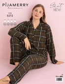 Pijamerry Kadın Büyük Beden Gömlek Yaka Süet Uzun Kol Pijama Takımı 5272- 1 Adet  2XL Haki - 2