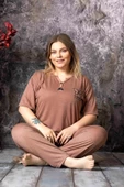 Sude Kadın Bambu Büyük Beden Düğme Yaka İnce Kısa Kol Pijama Takımı P300/146 - 1 Adet  3XL Kahverengi thumbnail 2