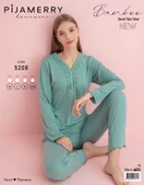 Pijamerry Kadın Dantel Yaka Bambu Uzun Kol Pijama Takımı 5208 - 1 Adet  L Yeşil - 2
