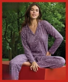 Pijamoni Kadın Süet Önden Düğmeli Likralı Pijama Takımı 18 - 1 Adet  S - M Lila - 2
