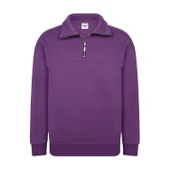 Unisex Relax Fit Rahat Kesim Pamuklu Yarım Fermuarlı Dik Yaka Sweatshirt - 2