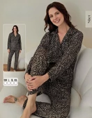 Boyraz Kadın Süet Leopar Desenli Boydan Düğmeli Pijama Takımı 02006 - 1 Adet  S - M Kahverengi thumbnail 2