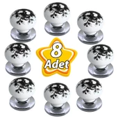 8 Adet Siyah Gül Desenli Beyaz Polimer Düğme Kulp Krom Tablalı Mobilya Mutfak Dolabı Çekmece Kulbu Kulpları thumbnail 1