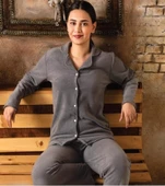 Sude Kadın Gömlek Yaka Polar Pijama Takımı M922 - 1 Adet  Antrasit S thumbnail 1