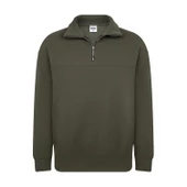 Unisex Relax Fit Rahat Kesim Pamuklu Yarım Fermuarlı Dik Yaka Sweatshirt - 5