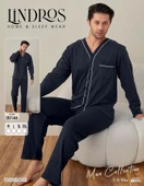 Lindros Erkek Gömlek Yaka İnterlok Uzun Kol Pijama Takımı 00146 - 1 Adet XL Lacivert - 2