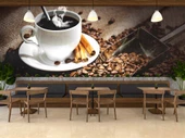 Fincan ve Kahve Çekirdeği Temalı Cafe Duvar Kağıdı Baskı - 3